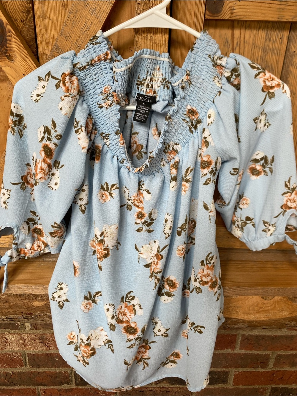 Rue21 Light Blue Floral Smocked Neck Puff Sleeve Top